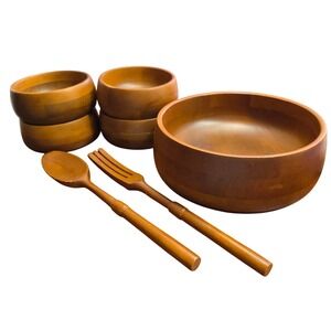 Vintage Hellerware Wood Salad Bowl Set with Serving Utensils and Small Bowls‎
